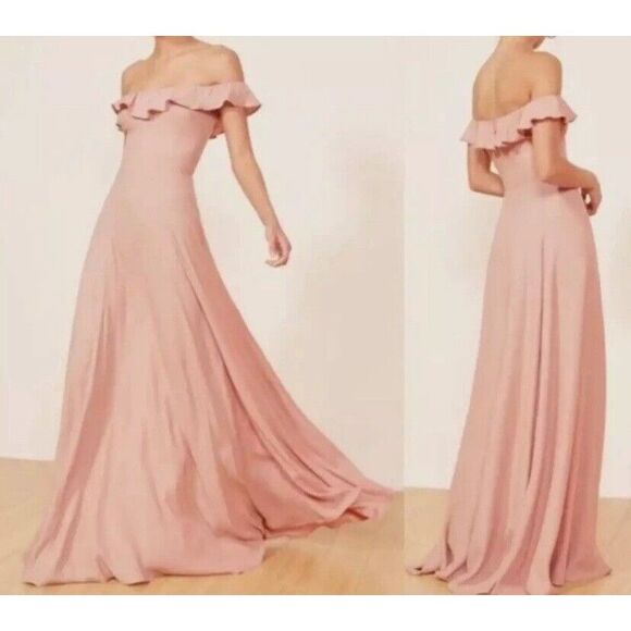 Reformation Dresses & Skirts - Reformation Verbena Gown Off Shoulder Sleeveless Ruffle Pink Maxi Dress Size 0